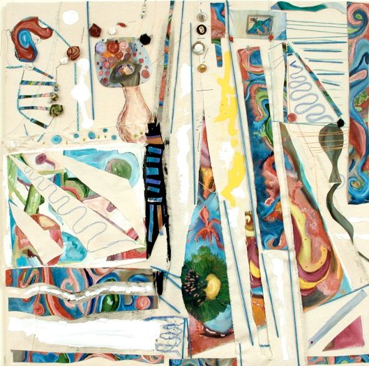 Collage made from cut up painting, thread, flowers. 