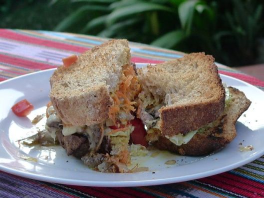 Steak sandwich. San Marcos de Atitlan, Guatemala.